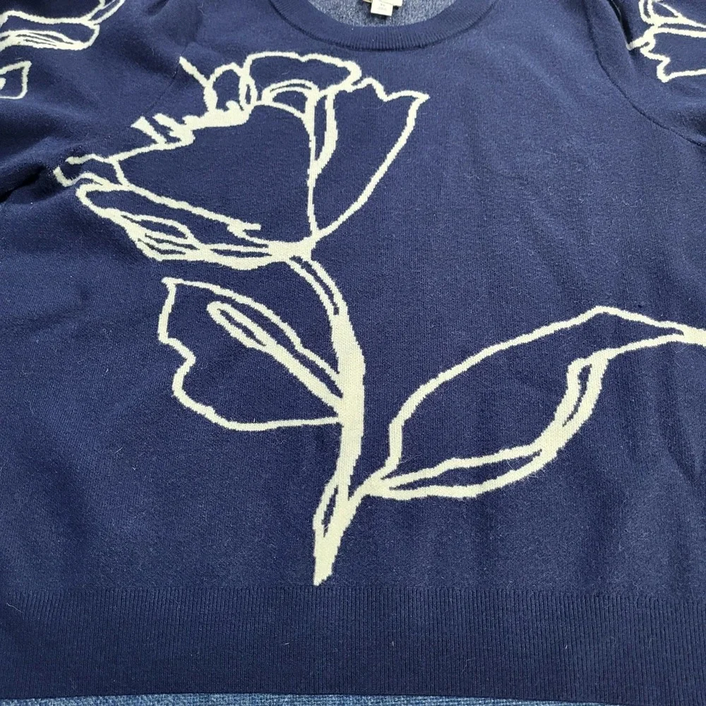 Maeve Anthropologie Maxine Puff-Sleeve Sweater Navy Blue Cream Floral Pattern XL - Picture 4 of 10